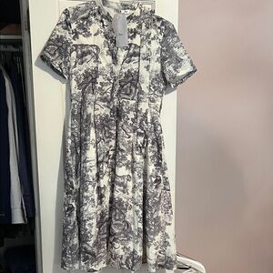 Dior White and Gray Toile Short-Sleeve Midi Dress
